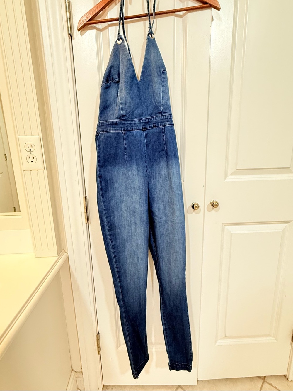 bebe Blue Denim Halter Jumpsuit